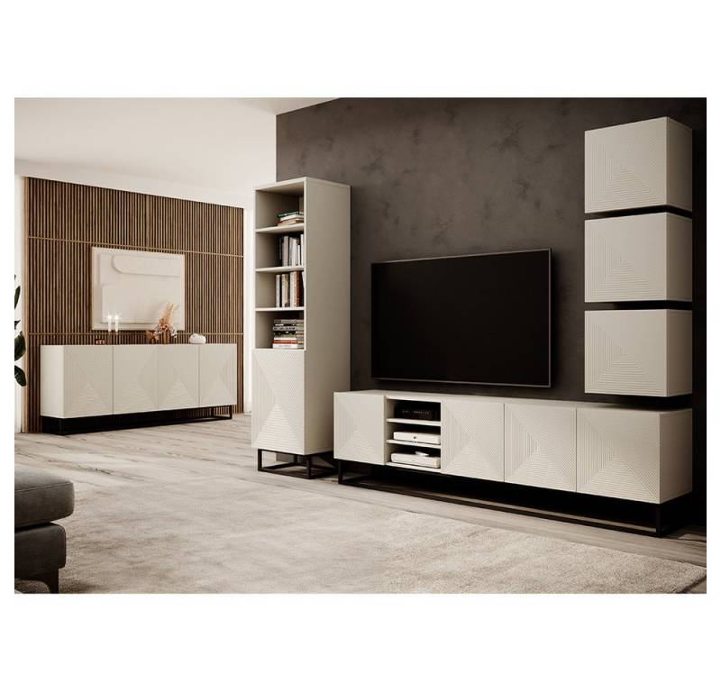 Lomadox Wohnzimmer-Set ADARE-141, (Mega-Spar-Set, 6-St., Hängeschränke Lowboard Regal Sideboard), Wohnwand mit Sideboard, kaschmir mit gerillter Front, Push-to-Open von Lomadox