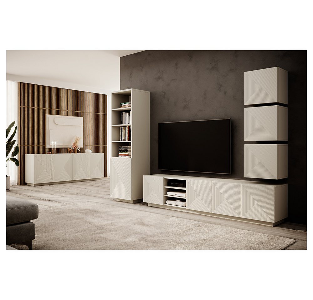 Lomadox Wohnzimmer-Set ADARE-141, (Mega-Spar-Set, 6-St., Hängeschränke Lowboard Regal Sideboard), Wohnwand mit Sideboard, kaschmir mit gerillter Front, Push-to-Open von Lomadox