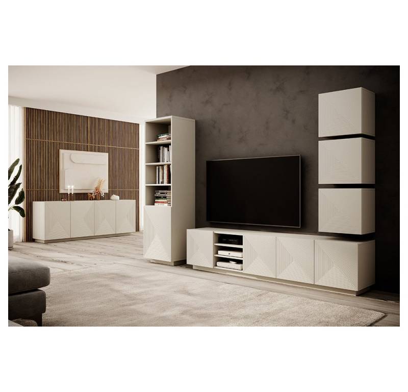 Lomadox Wohnzimmer-Set ADARE-141, (Mega-Spar-Set, 6-St., Hängeschränke Lowboard Regal Sideboard), Wohnwand mit Sideboard, kaschmir mit gerillter Front, Push-to-Open von Lomadox