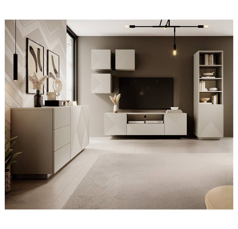 Lomadox Wohnzimmer-Set ADARE-141, (Mega-Spar-Set, 6-St., Hängeschränke Lowboard Regal Sideboard), Wohnwand mit Sideboard, kaschmir mit gerillter Front, Push-to-Open von Lomadox