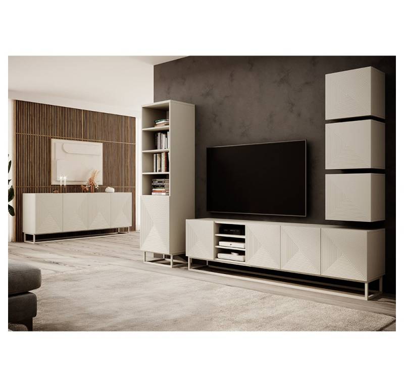Lomadox Wohnzimmer-Set ADARE-141, (Mega-Spar-Set, 6-St., Hängeschränke Lowboard Regal Sideboard), Wohnwand mit Sideboard, kaschmir mit gerillter Front, Push-to-Open von Lomadox