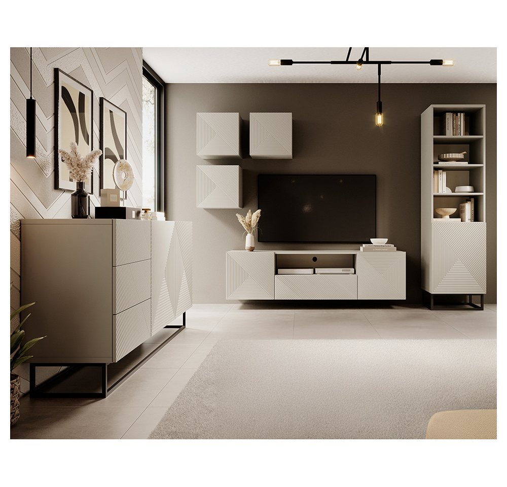 Lomadox Wohnzimmer-Set ADARE-141, (Mega-Spar-Set, 6-St., Hängeschränke Lowboard Regal Sideboard), Wohnwand mit Sideboard, kaschmir mit gerillter Front, Push-to-Open von Lomadox