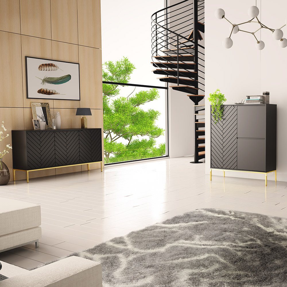 Lomadox Wohnzimmer-Set ANGERA-140, (Mega-Spar-Set, 2-St., Sideboard Kommode), modern in schwarz mit Fischgrät Design und goldfarbenen Metallgestell von Lomadox