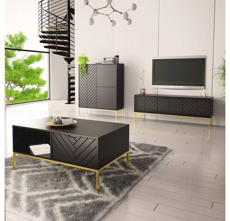 Lomadox Wohnzimmer-Set ANGERA-140, (Mega-Spar-Set, 3-St., Lowboard Couchtisch Kommode), modern in schwarz mit Fischgrät Design und goldfarbenen Metallgestell von Lomadox