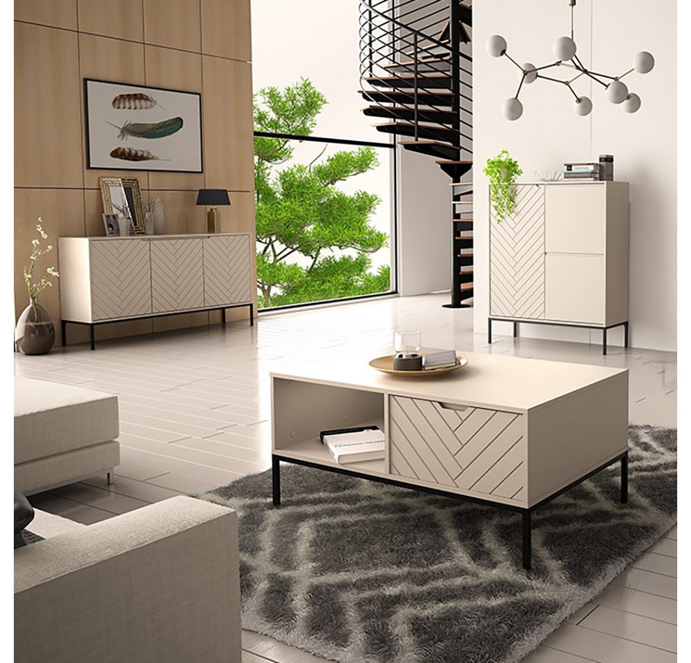 Lomadox Wohnzimmer-Set ANGERA-140, (Mega-Spar-Set, 3-St., Sideboard Couchtisch Kommode), modern in kaschmir mit Fischgrät Design und schwarzen Metallgestell von Lomadox