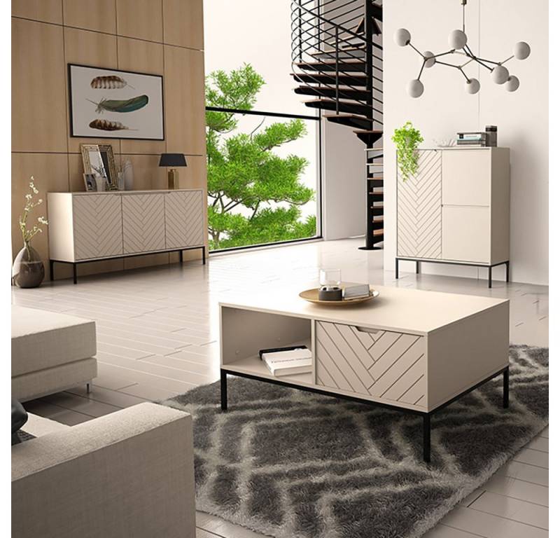 Lomadox Wohnzimmer-Set ANGERA-140, (Mega-Spar-Set, 3-St., Sideboard Couchtisch Kommode), modern in kaschmir mit Fischgrät Design und schwarzen Metallgestell von Lomadox