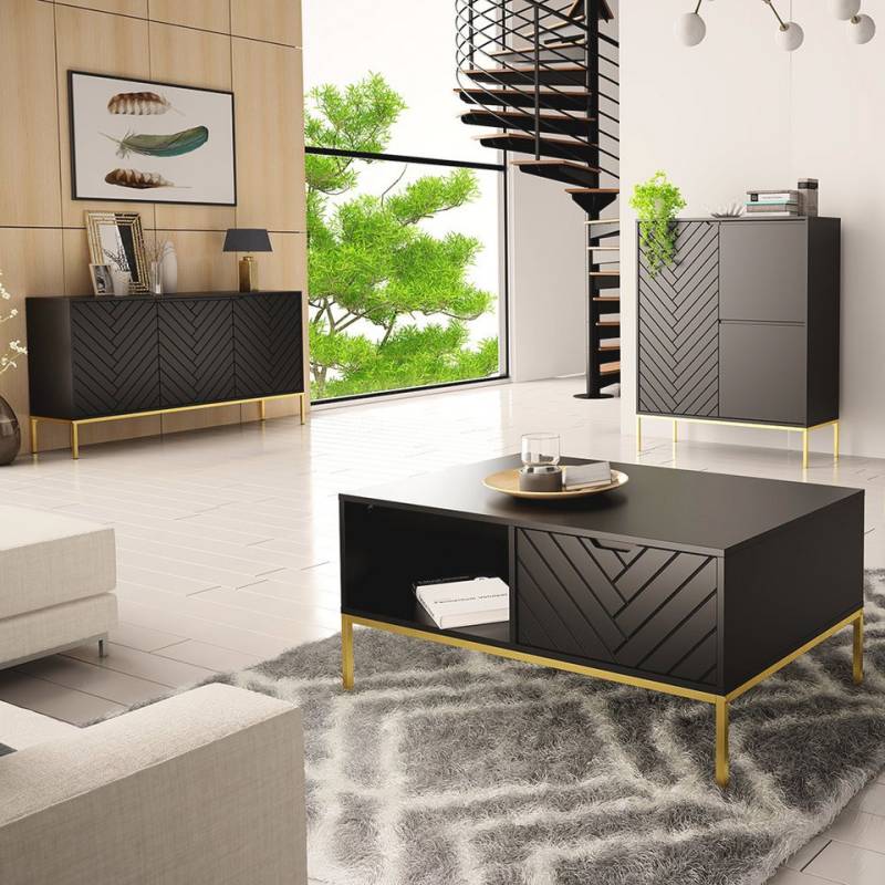 Lomadox Wohnzimmer-Set ANGERA-140, (Mega-Spar-Set, 3-St., Sideboard Couchtisch Kommode), modern in schwarz mit Fischgrät Design und goldfarbenen Metallgestell von Lomadox