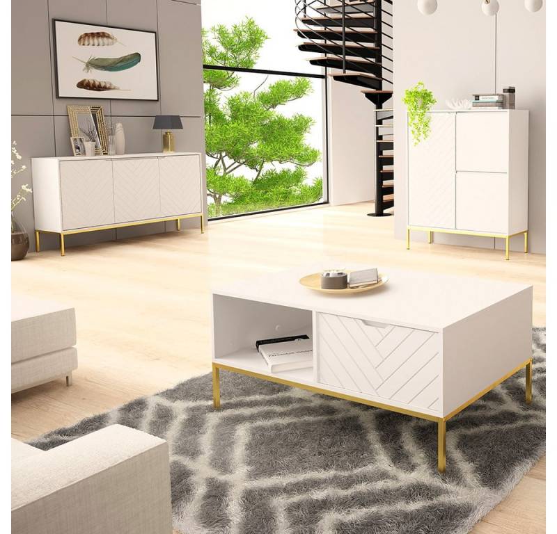 Lomadox Wohnzimmer-Set ANGERA-140, (Mega-Spar-Set, 3-St., Sideboard Couchtisch Kommode), modern in weiß mit Fischgrät Design und goldfarbenen Metallgestell von Lomadox
