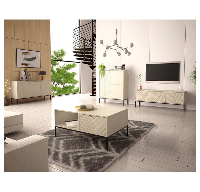 Lomadox Wohnzimmer-Set ANGERA-140, (Mega-Spar-Set, 4-St., Lowboard Sideboard Couchtisch Kommode), modern in kaschmir mit Fischgrät Design und schwarzen Metallgestell von Lomadox