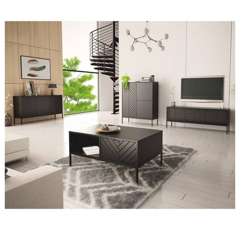 Lomadox Wohnzimmer-Set ANGERA-140, (Mega-Spar-Set, 4-St., Lowboard Sideboard Couchtisch Kommode), modern in kaschmir mit Fischgrät Design und schwarzen Metallgestell von Lomadox