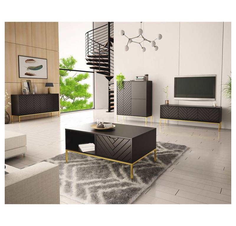 Lomadox Wohnzimmer-Set ANGERA-140, (Mega-Spar-Set, 4-St., Lowboard Sideboard Couchtisch Kommode), modern in schwarz mit Fischgrät Design und goldfarbenen Metallgestell von Lomadox