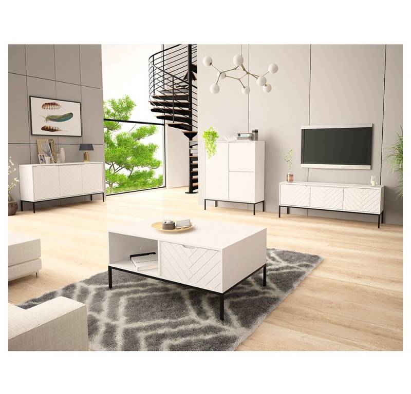Lomadox Wohnzimmer-Set ANGERA-140, (Mega-Spar-Set, 4-St., Lowboard Sideboard Couchtisch Kommode), modern in weiß mit Fischgrät Design und schwarzen Metalgestell von Lomadox