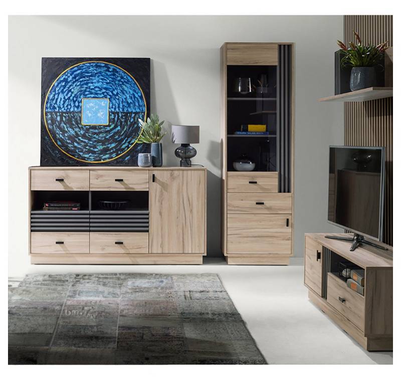 Lomadox Wohnzimmer-Set ANTIGUA-133, (Mega-Spar-Set, 4-St., Vitrine Sideboard Lowboard Wandregal), in Eiche mit anthrazitfarbenen Details, viel Stauraum von Lomadox