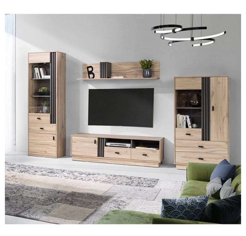 Lomadox Wohnzimmer-Set ANTIGUA-133, (Mega-Spar-Set, 4-St., Vitrine Vitrinenschrank Lowboard Wandregal), in Eiche mit anthrazitfarbenen Details, viel Stauraum von Lomadox
