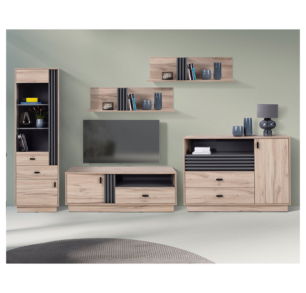 Lomadox Wohnzimmer-Set ANTIGUA-133, (Mega-Spar-Set, 5-St., Vitrine Kommode Lowboard Wandregal), in Eiche mit anthrazitfarbenen Details, viel Stauraum von Lomadox
