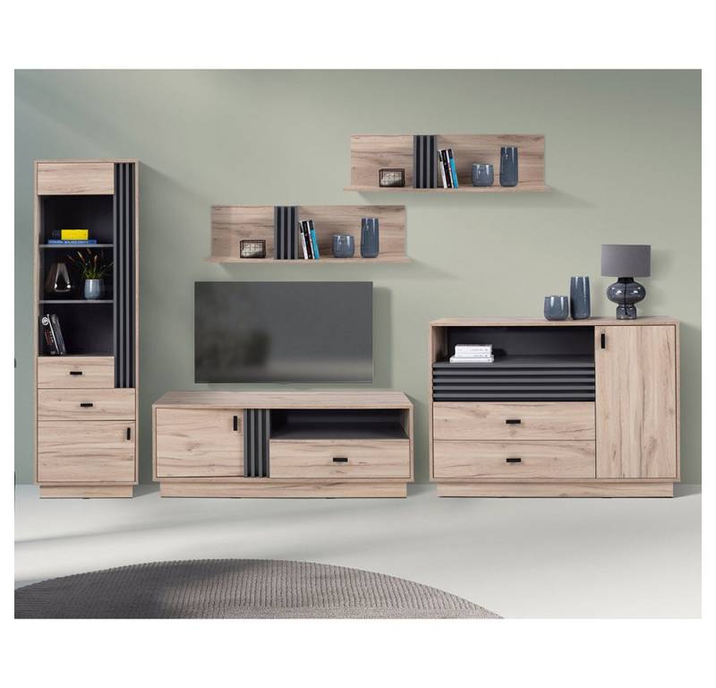 Lomadox Wohnzimmer-Set ANTIGUA-133, (Mega-Spar-Set, 5-St., Vitrine Kommode Lowboard Wandregal), in Eiche mit anthrazitfarbenen Details, viel Stauraum von Lomadox