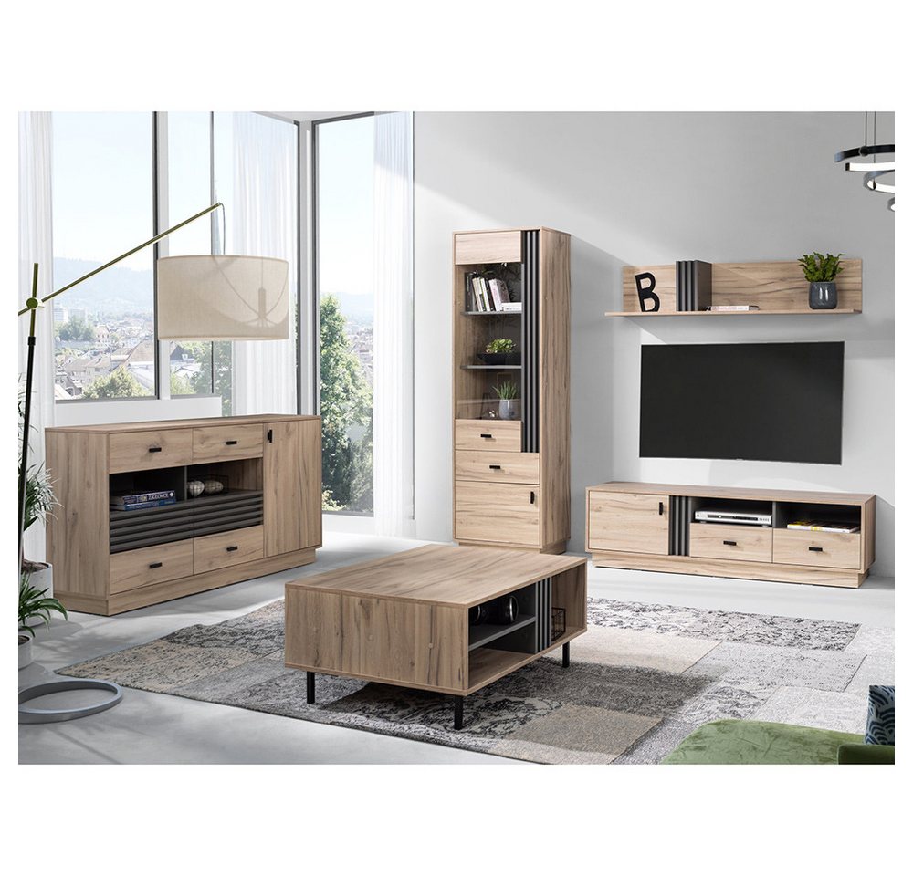 Lomadox Wohnzimmer-Set ANTIGUA-133, (Mega-Spar-Set, 5-St., Vitrine Sideboard Lowboard Wandregal Couchtisch), in Eiche mit anthrazitfarbenen Details, viel Stauraum von Lomadox
