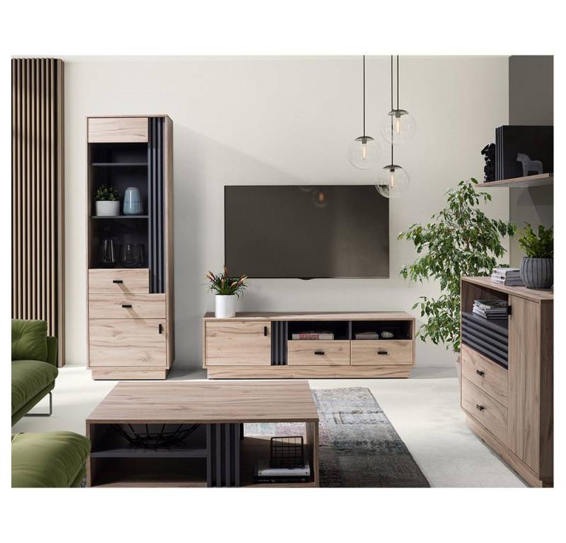 Lomadox Wohnzimmer-Set ANTIGUA-133, (Mega-Spar-Set, 5-St., Vitrine Sideboard Lowboard Wandregal Couchtisch), in Eiche mit anthrazitfarbenen Details, viel Stauraum von Lomadox