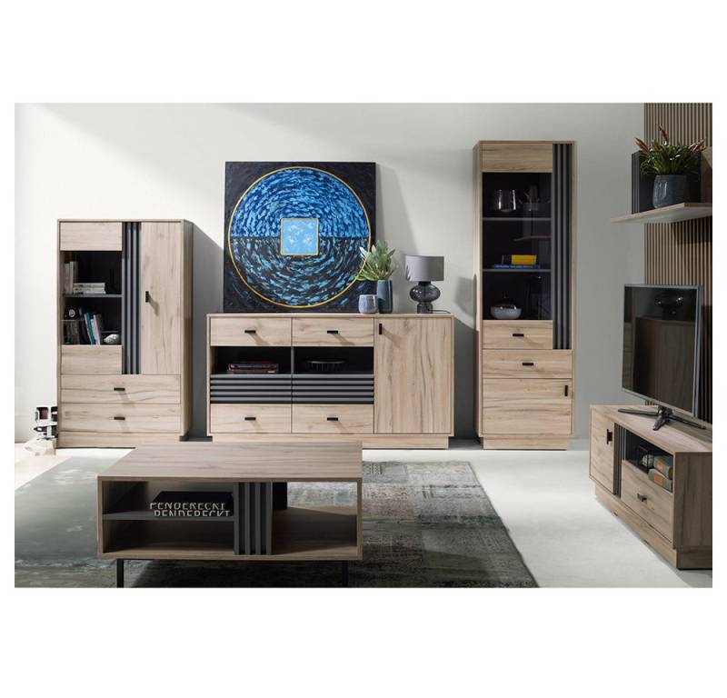 Lomadox Wohnzimmer-Set ANTIGUA-133, (Mega-Spar-Set, 6-St., Vitrine Vitrinenschrank Sideboard Lowboard Wandregal Couchtisch), in Eiche mit anthrazitfarbenen Details, viel Stauraum von Lomadox