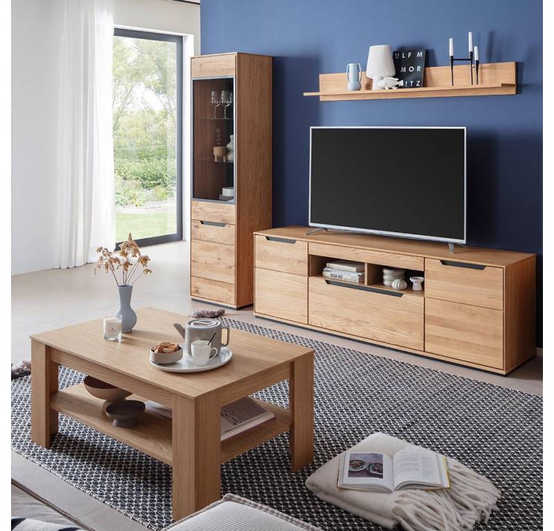 Lomadox Wohnzimmer-Set AVESTA-06, (Mega-Spar-Set, 4-St., Couchtisch Lowboard Vitrine Wandregal), in Eiche teilmassiv, grifflos, inkl. LED-Beleuchtung von Lomadox