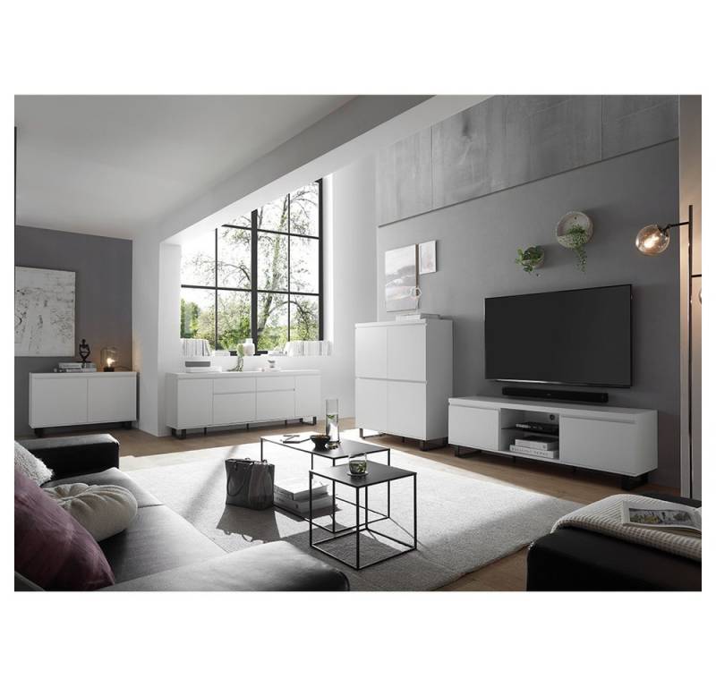 Lomadox Wohnzimmer-Set AVILA-05, (Mega-Spar-Set, 4-St., Lowboard Highboard), weiß matt lackiert Metallkufen schwarz Softclose modern Griffleisten von Lomadox