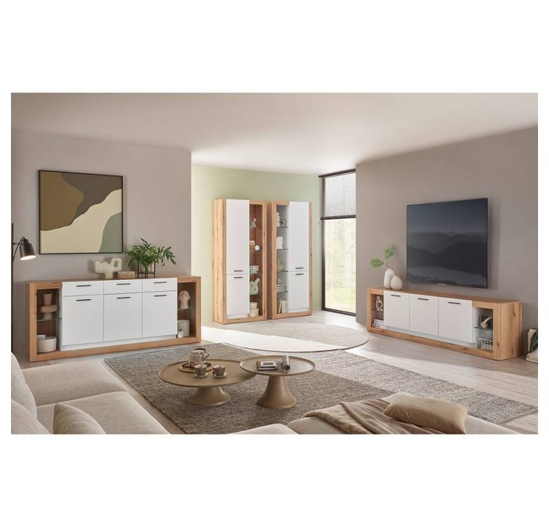 Lomadox Wohnzimmer-Set BELLAGIO-61, (Mega-Spar-Set, 4-St., Sideboard Vitrinenschränke Lowboard), in Eiche mit weißen Fronten, viel Stauraum, Glaseinlegeböden von Lomadox