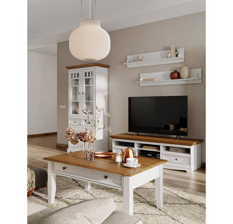 Lomadox Wohnzimmer-Set BORMIO-163, (Mega-Spar-Set, 5-St., Vitrinenschrank TV-Lowboard Wandboards Couchtisch), Massivholz in weiß mit Eiche Optik, 5-teilig von Lomadox