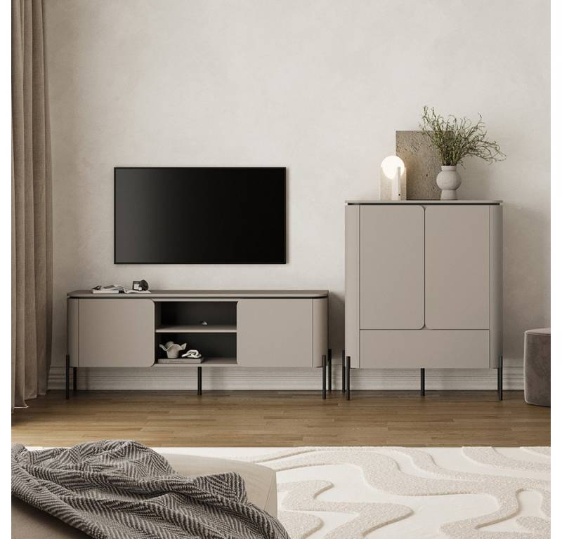 Lomadox Wohnzimmer-Set BRONTE-83, (Mega-Spar-Set, 2-St., Sideboard Lowboard Highboard), in greige mit abgerundeten Fronten, grifflos, Push-to-Open von Lomadox