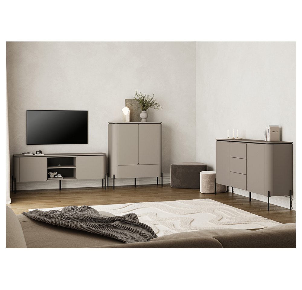 Lomadox Wohnzimmer-Set BRONTE-83, (Mega-Spar-Set, 3-St., Sideboard Lowboard Highboard), in greige mit abgerundeten Fronten, grifflos, Push-to-Open von Lomadox