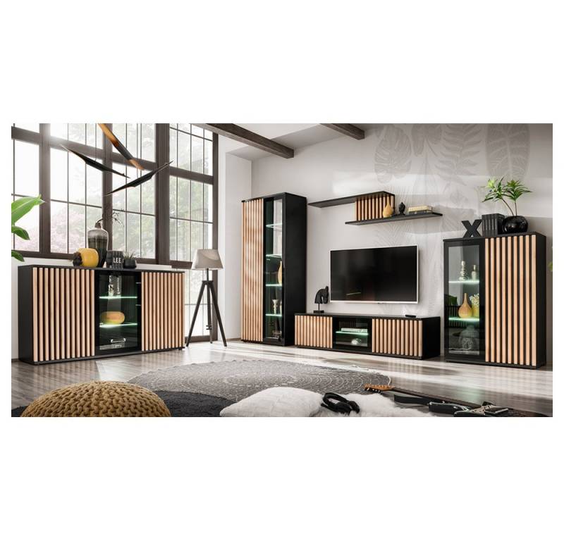 Lomadox Wohnzimmer-Set CATANZARO-164, (Mega-Spar-Set, 5-St., Sideboard Vitrine Wandboard Lowboard Highboard), in schwarz mit Lamellen in Hickory Eiche, inkl. LED-Beleuchtung von Lomadox