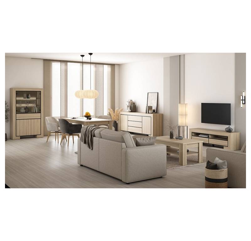 Lomadox Wohnzimmer-Set CERIALE-83, (Mega-Spar-Set, 5-St., Couchtisch Esstisch Lowboard Sideboard Vitrine), in Eiche, inkl. LED-Beleuchtung, grifflos, modern von Lomadox