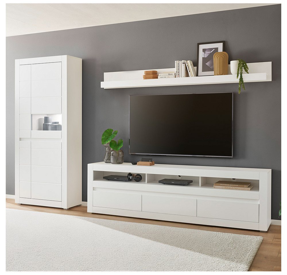 Lomadox Wohnzimmer-Set CHAVES-61, (Mega-Spar-Set, 3-St., Vitrinenschrank Lowboard Wandboard), Wohnzimmer Set weiß Front matt Griffleiste austauschbar von Lomadox