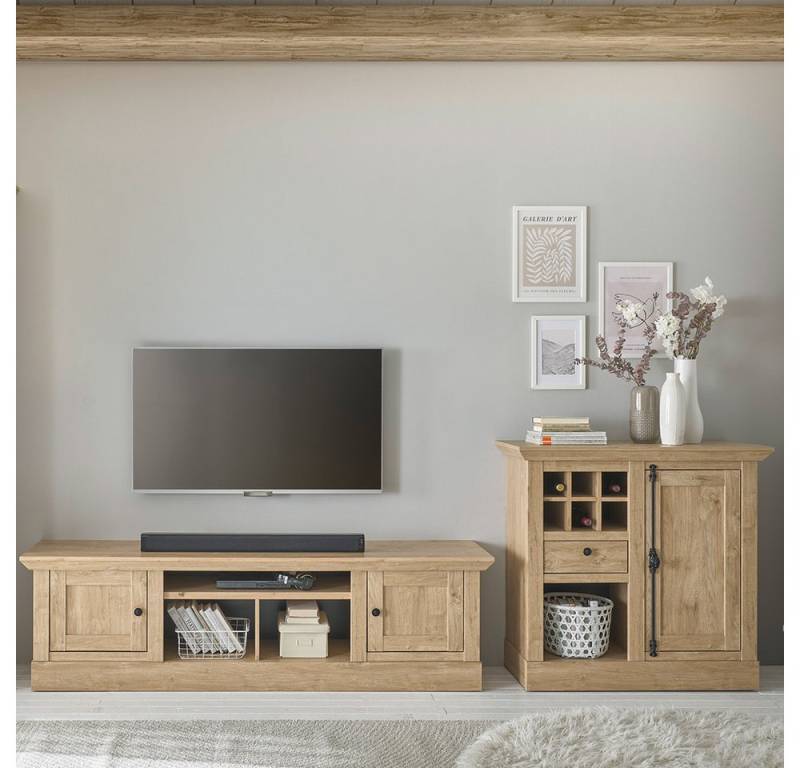 Lomadox Wohnzimmer-Set COLBY-61, (Mega-Spar-Set, 2-St., Kommode Lowboard), in Eiche mit LED-Beleuchtung, Landhausstil, schwarze Metallgriffe von Lomadox