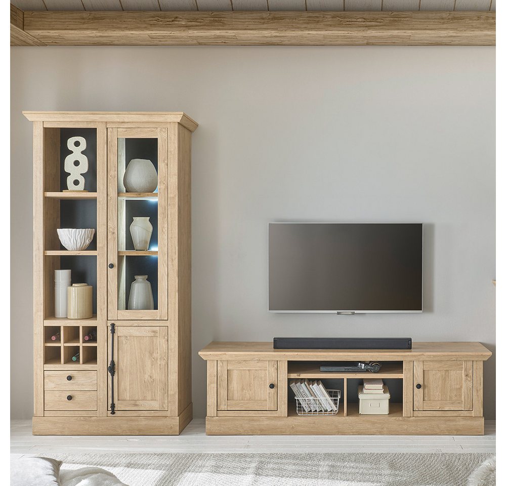 Lomadox Wohnzimmer-Set COLBY-61, (Mega-Spar-Set, 2-St., Lowboard Vitrine), in Eiche mit LED-Beleuchtung, Landhausstil, schwarze Metallgriffe von Lomadox