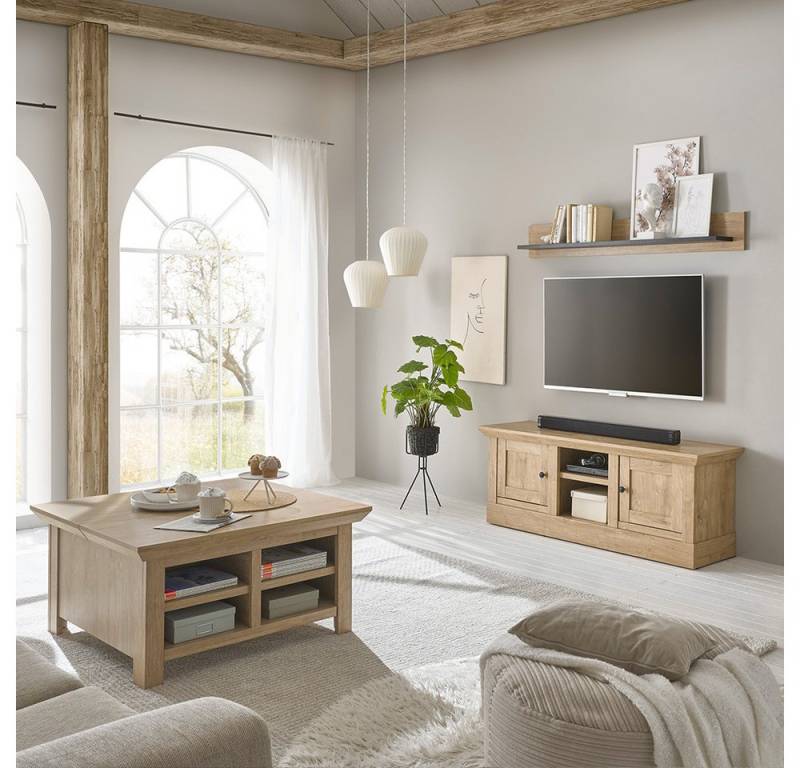 Lomadox Wohnzimmer-Set COLBY-61, (Mega-Spar-Set, 3-St., Couchtisch Lowboard Wandregal), in Eiche mit schwarzen Griffen, Landhausstil von Lomadox