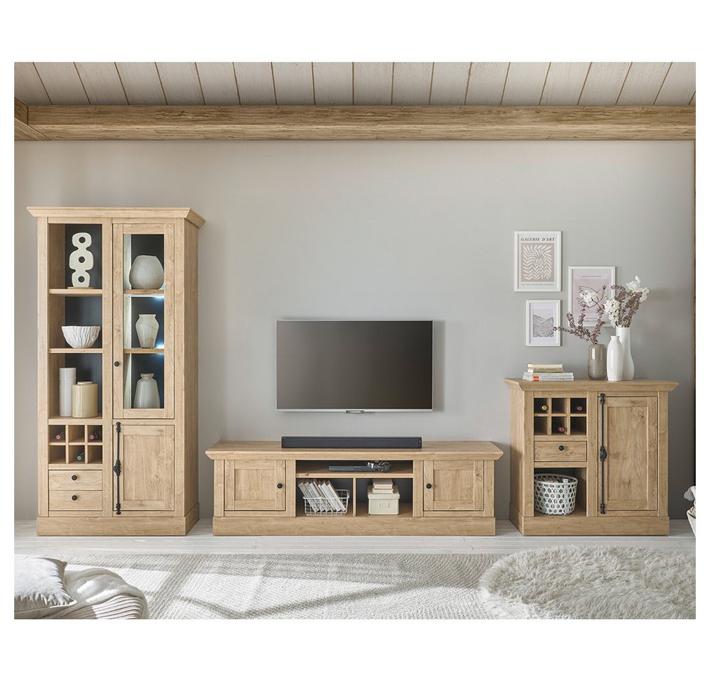 Lomadox Wohnzimmer-Set COLBY-61, (Mega-Spar-Set, 3-St., Kommode Lowboard Vitrine), in Eiche mit LED-Beleuchtung, Landhausstil, schwarze Metallgriffe von Lomadox