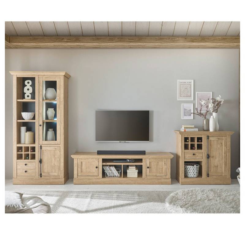 Lomadox Wohnzimmer-Set COLBY-61, (Mega-Spar-Set, 3-St., Kommode Lowboard Vitrine), in Eiche mit LED-Beleuchtung, Landhausstil, schwarze Metallgriffe von Lomadox