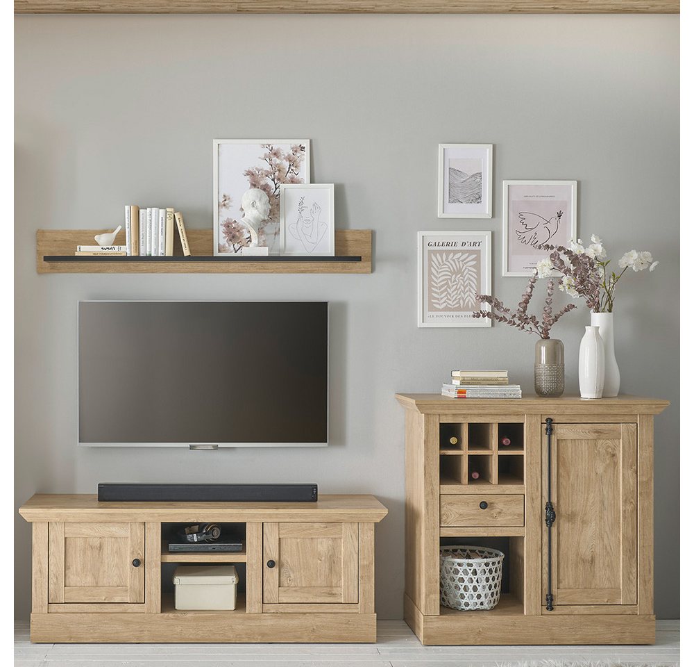 Lomadox Wohnzimmer-Set COLBY-61, (Mega-Spar-Set, 3-St., Kommode Lowboard Wandregal), in Eiche mit LED-Beleuchtung, Landhausstil, schwarze Metallgriffe von Lomadox