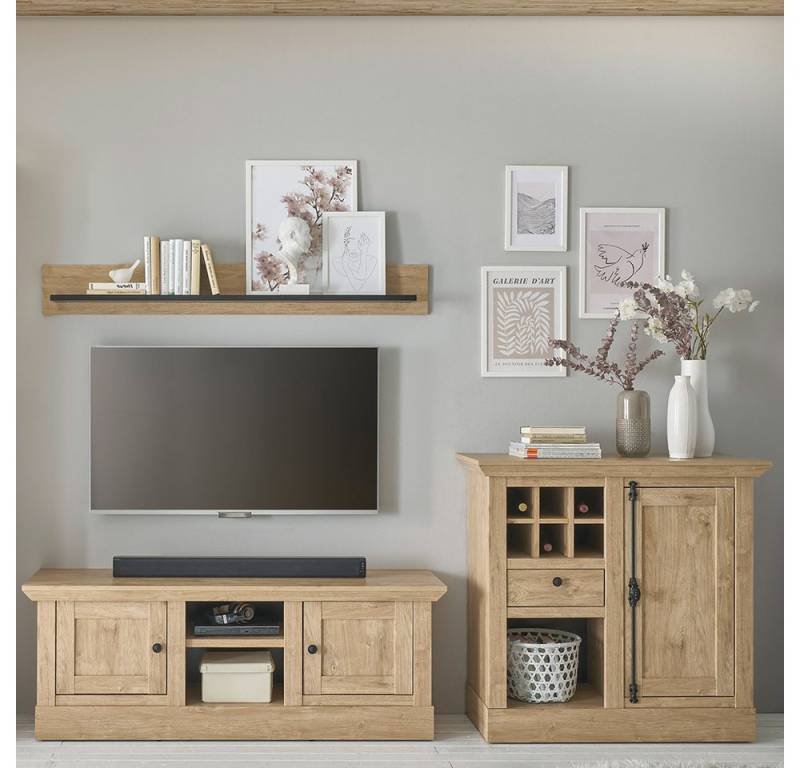 Lomadox Wohnzimmer-Set COLBY-61, (Mega-Spar-Set, 3-St., Kommode Lowboard Wandregal), in Eiche mit LED-Beleuchtung, Landhausstil, schwarze Metallgriffe von Lomadox