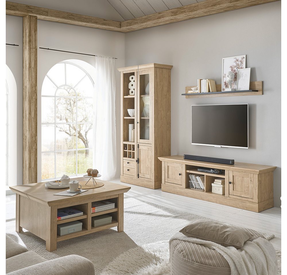 Lomadox Wohnzimmer-Set COLBY-61, (Mega-Spar-Set, 4-St., Couchtisch Lowboard Vitrine Wandregal), in Eiche mit LED-Beleuchtung, Landhausstil, schwarze Metallgriffe von Lomadox