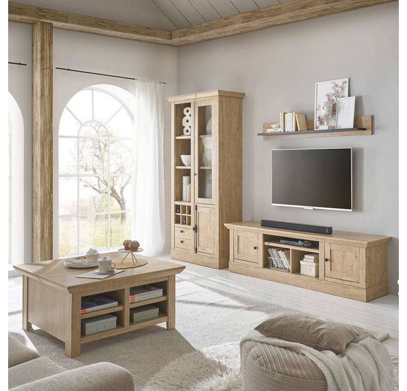 Lomadox Wohnzimmer-Set COLBY-61, (Mega-Spar-Set, 4-St., Couchtisch Lowboard Vitrine Wandregal), in Eiche mit LED-Beleuchtung, Landhausstil, schwarze Metallgriffe von Lomadox