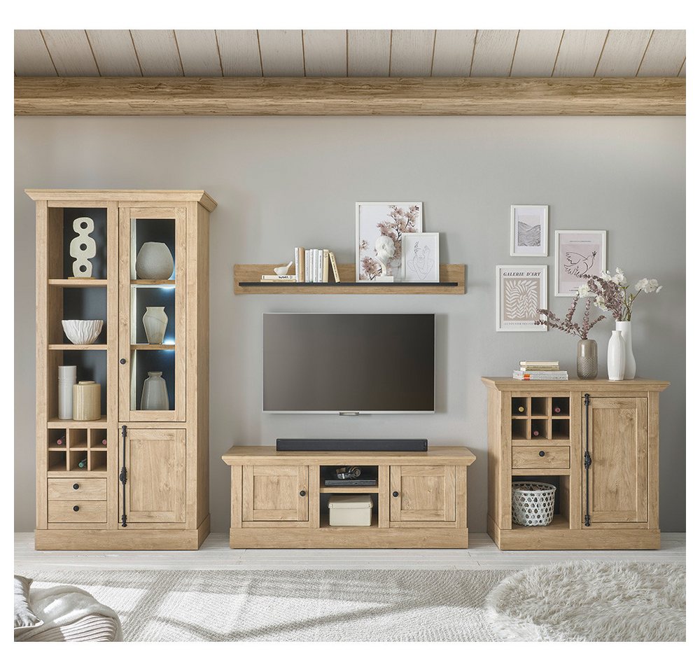 Lomadox Wohnzimmer-Set COLBY-61, (Mega-Spar-Set, 4-St., Kommode Lowboard Vitrine Wandregal), in Eiche mit LED-Beleuchtung, Landhausstil, schwarze Metallgriffe von Lomadox
