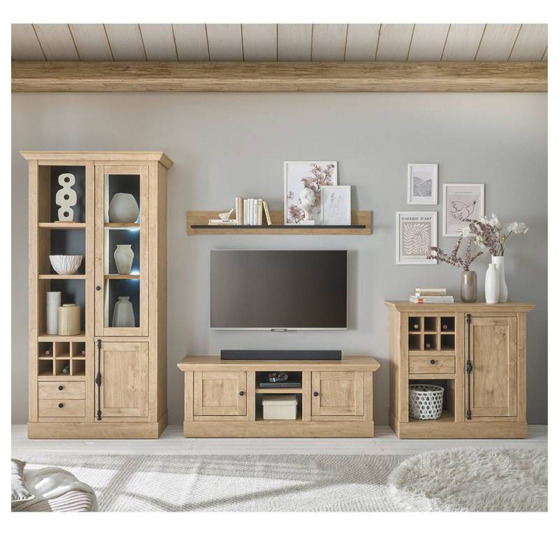 Lomadox Wohnzimmer-Set COLBY-61, (Mega-Spar-Set, 4-St., Kommode Lowboard Vitrine Wandregal), in Eiche mit LED-Beleuchtung, Landhausstil, schwarze Metallgriffe von Lomadox
