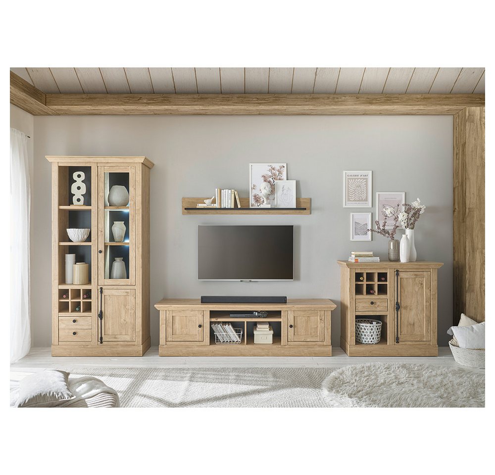 Lomadox Wohnzimmer-Set COLBY-61, (Mega-Spar-Set, 4-St., Kommode Lowboard Vitrine Wandregal), in Eiche mit LED-Beleuchtung, Landhausstil, schwarze Metallgriffe von Lomadox