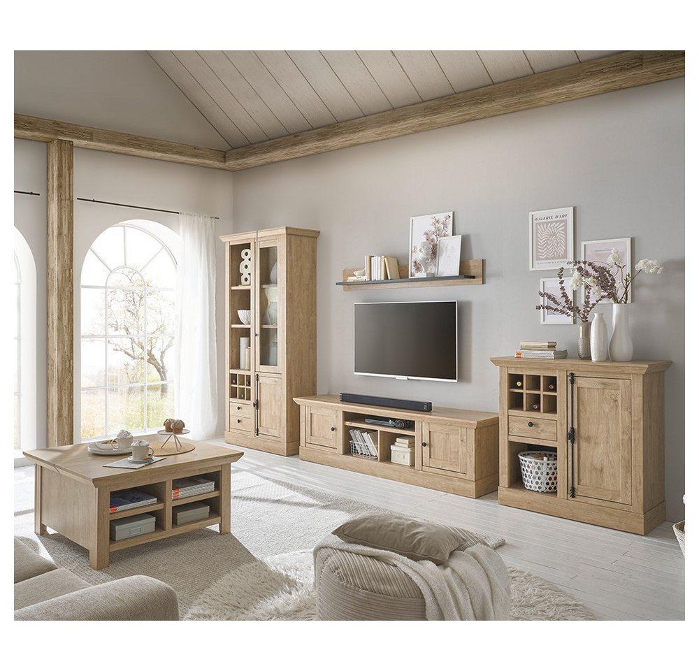 Lomadox Wohnzimmer-Set COLBY-61, (Mega-Spar-Set, 5-St., Couchtisch Kommode Lowboard Vitrine Wandregal), in Eiche mit LED-Beleuchtung, Landhausstil, schwarze Metallgriffe von Lomadox