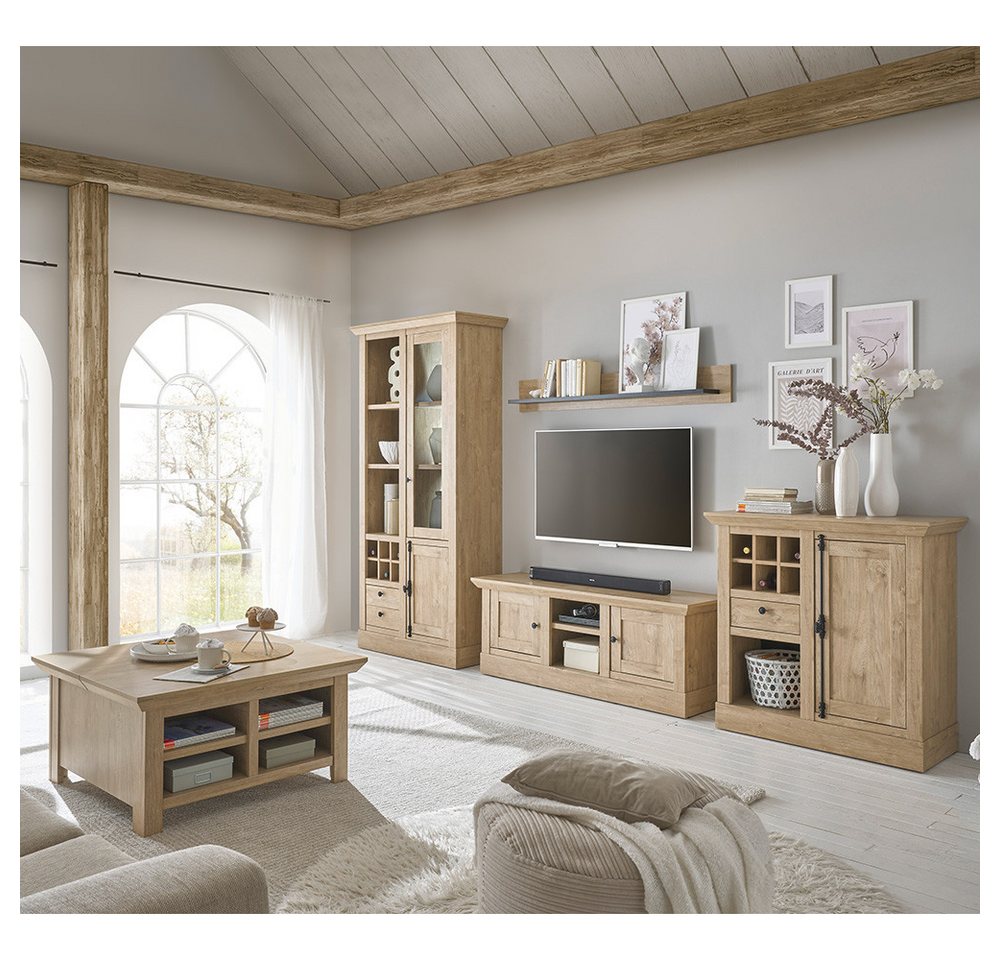 Lomadox Wohnzimmer-Set COLBY-61, (Mega-Spar-Set, 5-St., Couchtisch Kommode Lowboard Vitrine Wandregal), in Eiche mit LED-Beleuchtung, Landhausstil, schwarze Metallgriffe von Lomadox