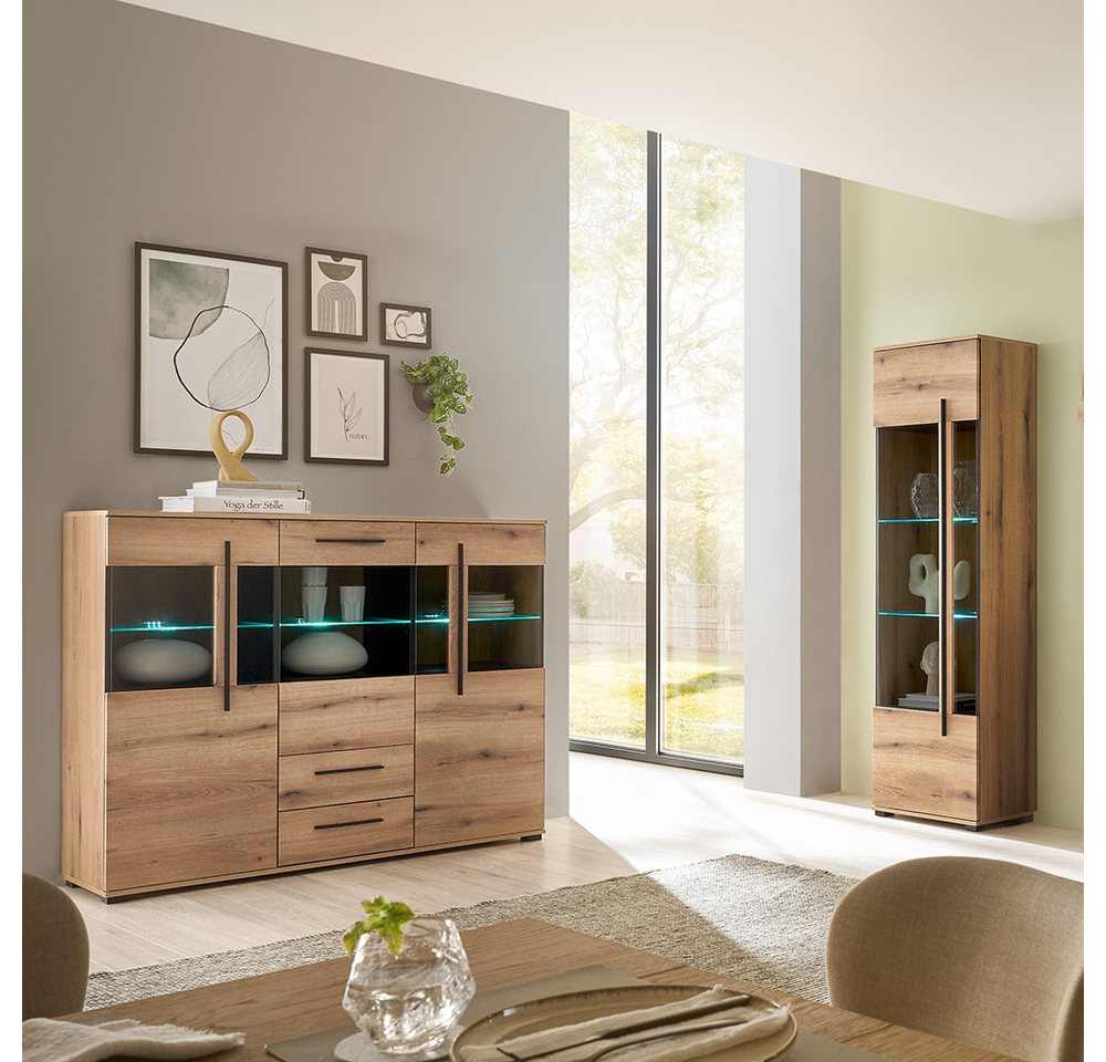 Lomadox Wohnzimmer-Set COLORADO-61, (Mega-Spar-Set, 2-St., Highboard Vitrine), in Eiche mit LED Glasbodenbeleuchtung und Softclose Schubladen von Lomadox