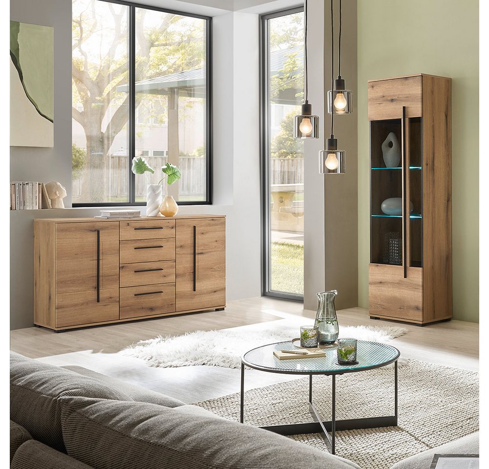 Lomadox Wohnzimmer-Set COLORADO-61, (Mega-Spar-Set, 2-St., Vitrine Kommode), in Eiche mit LED Glasbodenbeleuchtung und Softclose Schubladen von Lomadox