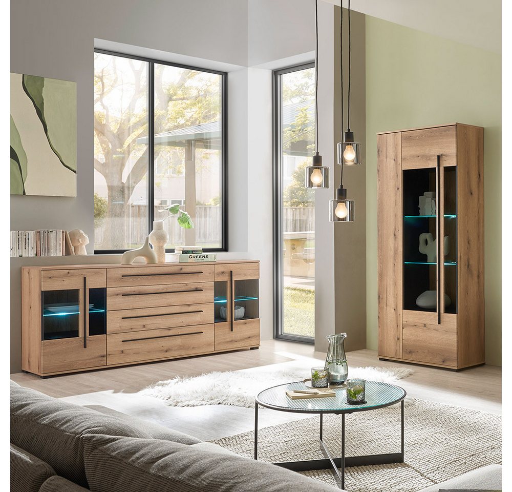 Lomadox Wohnzimmer-Set COLORADO-61, (Mega-Spar-Set, 2-St., Vitrine Sideboard), in Eiche mit LED Glasbodenbeleuchtung und Softclose Schubladen von Lomadox