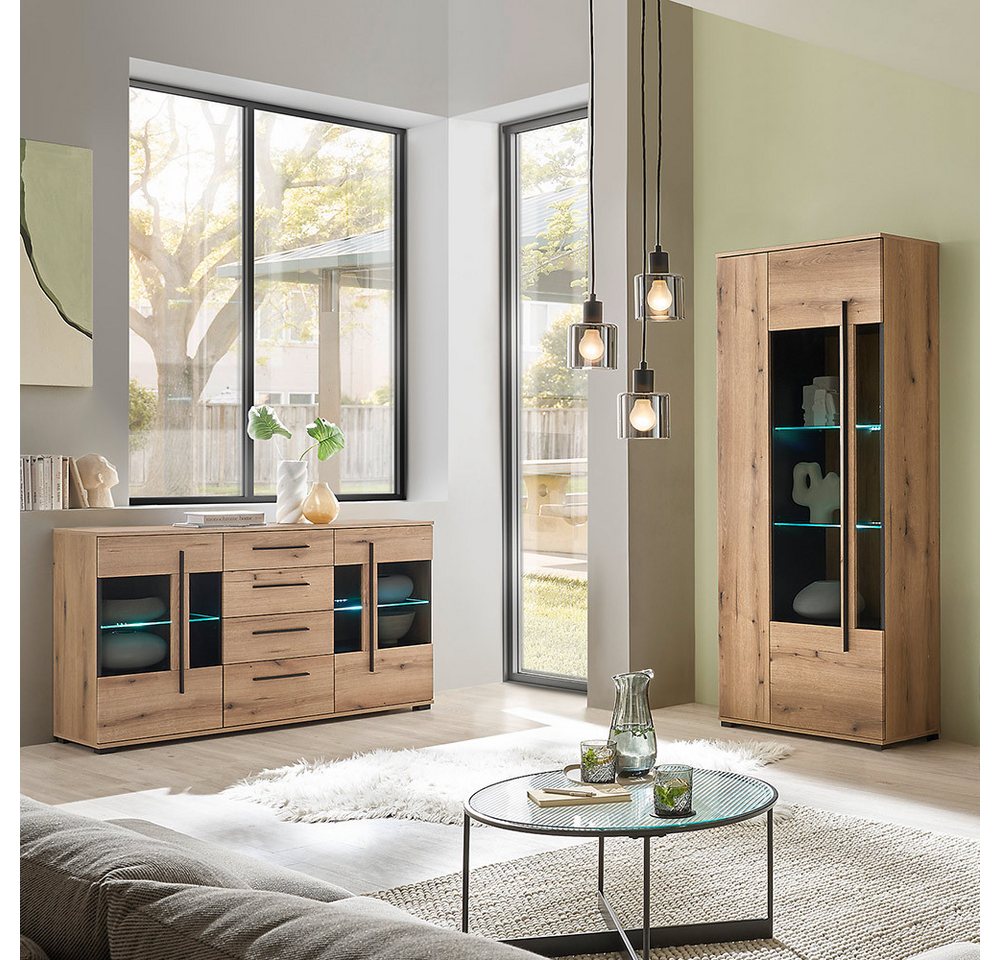 Lomadox Wohnzimmer-Set COLORADO-61, (Mega-Spar-Set, 2-St., Vitrine Sideboard), in Eiche mit LED Glasbodenbeleuchtung und Softclose Schubladen von Lomadox